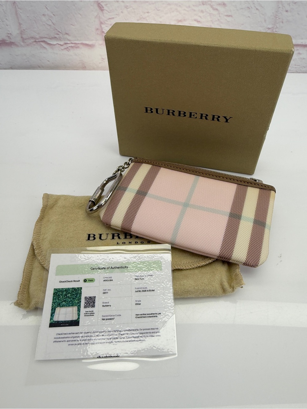Burberry Pink Nova Check Zip Card Pouch with Key Clip